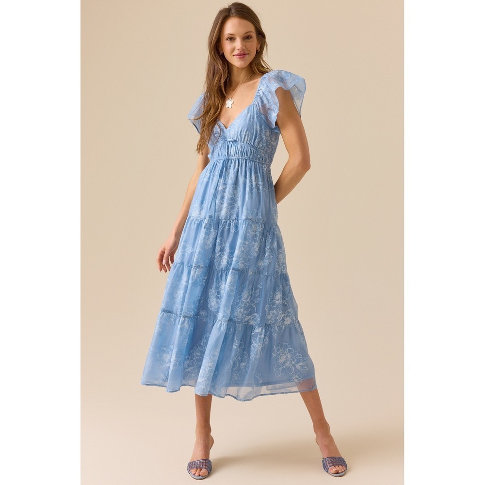 Altar'd State Blue Floral Tiered Dress‎ Flutter Sleeve V-Neck Size XS